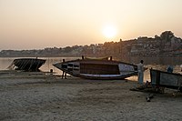 Varanasi, India, Sunset in Varanasi, Boats on Ganges.jpg