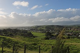 A landscape view of the southern part of Kaitaia taken on Okahu Road, the highest point in the town. View of south Kaitaia from Okahu Road.jpg