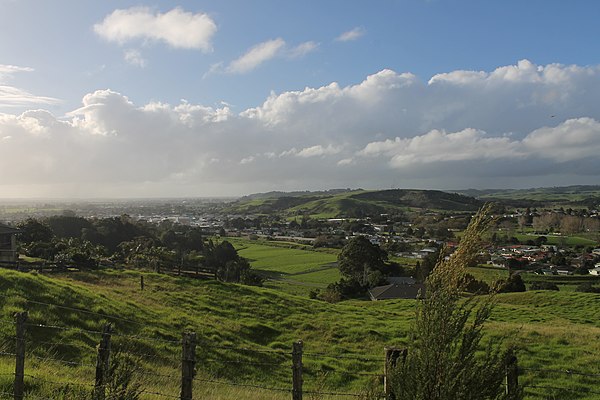 A landscape view of the southern part of Kaitaia taken on Okahu Road, the highest point in the town.