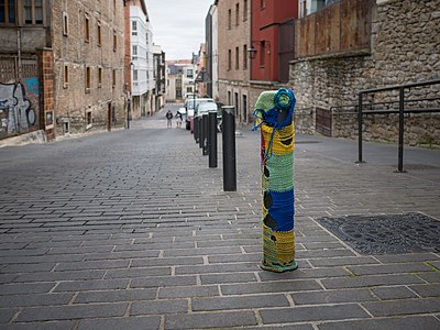 Knitted graffiti in the Old Town of Vitoria-Gasteiz. Basque Country, Spain