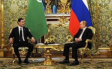 Turkmenistan's President Serdar Berdimuhamedow and Russian President Vladimir Putin in Moscow on 10 June 2022 Vladimir Putin and Serdar Berdimuhamedow (2022-06-10) 01.jpg