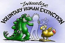 Надпись «Представьте добровольное вымирание человечества», и рисунок: контур человека, стоящий в одном ряду с улыбающимися динозавром и додо́.