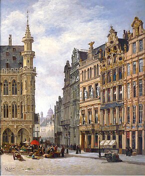 Les maisons du Renard, du Cornet, de la Louve, du Sac et de la Brouette sur un tableau de Gustave Walckiers (vers 1880).