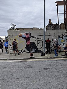 Mural of a vulture across from Ulster Bank HQ in Dublin, Ireland, intended as critical of vulture funds. Walking Festival to End Dereliction, Dublin 2021 13.jpg