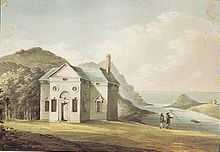 "Watermouth seat of (blank) Davie Esq." The Palladian house at Watermouth in 1796, built by Hugh Fortescue, 1st Earl of Clinton (1696-1751), as drawn by Rev. John Swete, before demolition and replacement by Watermouth Castle WatermouthByJohnSwete.jpg