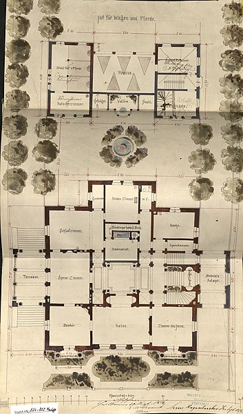 File:Wohnhaus des Louis Hagenbucher an der Moltkestraße 10 in Heilbronn, Entwurf von Robert von Reinhardt (* 11. Januar 1843 in Neuffen; † 5. Mai 1914 in Stuttgart) 1876, Grundriss EG Vorder- u. Hinterhaus.jpg