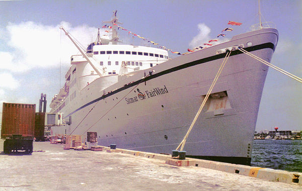 Sitmar Fairwind moored in Miami's harbor on August 3, 1988 with new livery