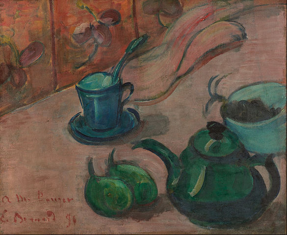 Émile Bernard – Still life with green teapot, cup and fruit, 1890
