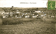 Photo sur une carte postale montrant quelques rangs de vignes au premier rang et la ville de Condom au deuxième.