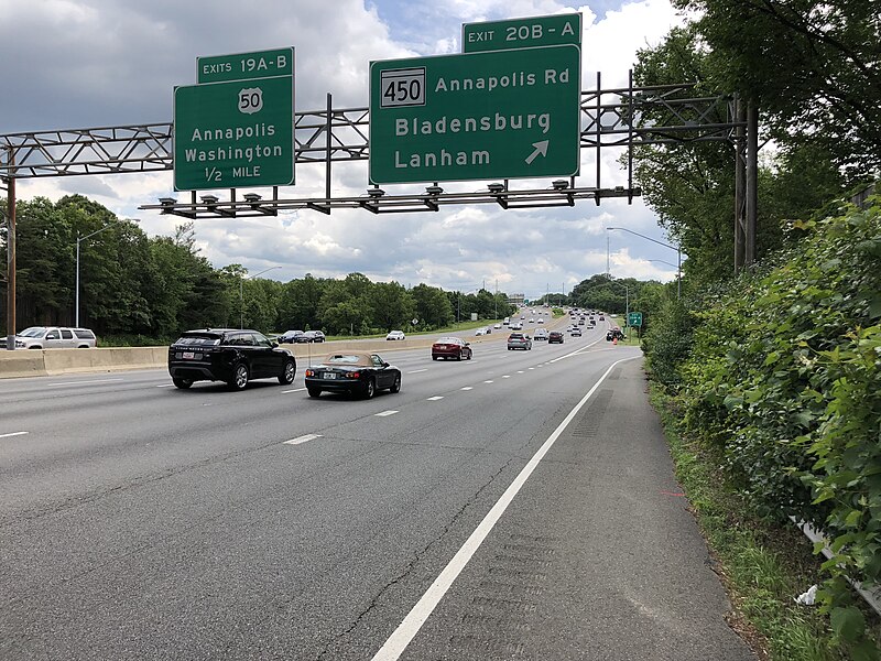 File:2019-05-27 13 17 11 View south along the inner loop of the Capital Beltway (Interstate 95 and Interstate 495) at Exit 20 (Maryland State Route 450-Annapolis Road, Bladensburg, Lanham) in New Carrollton, Prince George's County, Maryland.jpg