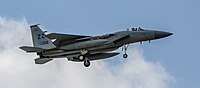 A US Air Force F-15C Eagle, tail number 80-0012, on final approach at Kadena Air Base in Okinawa, Japan