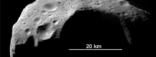 Damodar, a 20 km-wide crater on Mathilde 253 Mathilde side.png