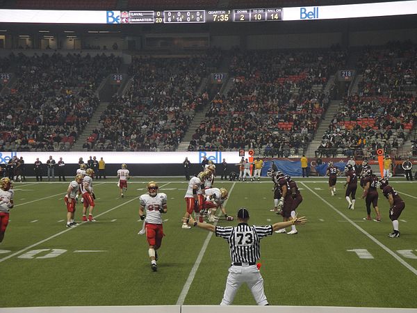 The Laval Rouge et Or on offence against the McMaster Marauders in the second quarter of the 47th Vanier Cup.