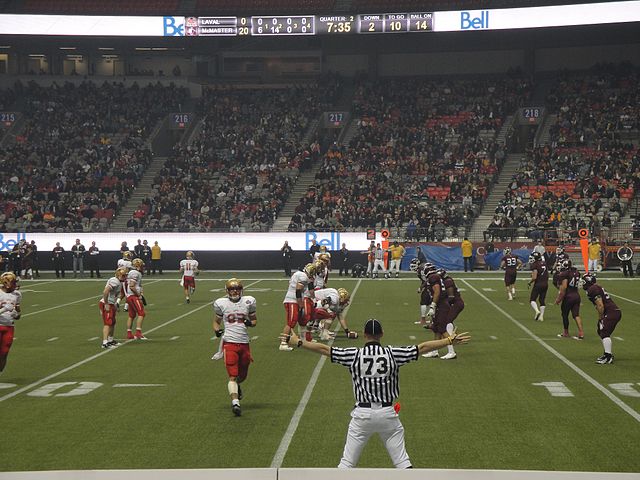The Laval Rouge et Or on offence against the McMaster Marauders in the second quarter of the 47th Vanier Cup.