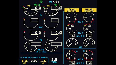 A 737NG EICAS after landing, showing outside air temperature, N1 RPM, exhaust gas temperature, N2 RPM, fuel flow, fuel used, fuel in the tanks, oil pressure, oil temperature, oil quantity, engine vibration, hydraulic pressure and hydraulic quantity 737-800 EIS After Landing.jpg