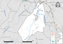 Carte en couleur présentant le réseau hydrographique de la commune