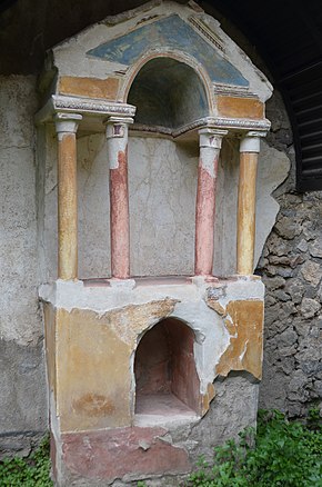 A temple style lararium in the garden A temple style lararium in the garden of the House of the Prince of Naples, Pompeii, Italy 2nd century BCE - 1st century CE.jpg