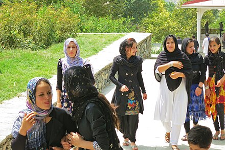 A group of Afghan women visiting the Gardens of Babur in Kabul. Afghan women in Kabul.jpg