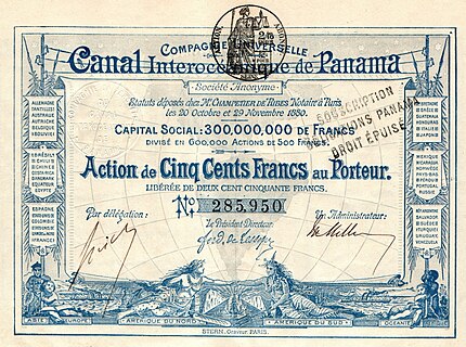 Share certificate of 500 Francs of Panama Canal, issued November 20./29, 1880.