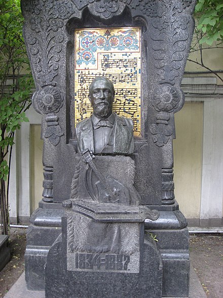 Tomb of Borodin in Tikhvin Cemetery. The musical notation in the background shows themes from "Gliding Dance of the Maidens" from Polovtsian Dances; "Song of the Dark Forest"; and the "Scherzo" theme from Symphony No. 3.