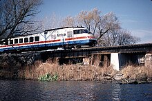 Amtrak once operated Turboliners on the Empire Corridor. Here the Mohawk crosses the Seneca River in 1984.