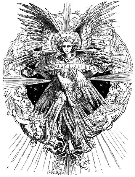 Angel with the words "Gloria in Excelsis Deo et in terra pax" by Dalziel Brothers