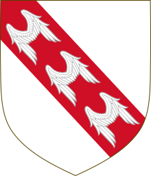 Arms of Wingfield: Argent, on a bend gules three wings conjoined in lure of the field, quartered by Michael de la Pole, 1st Earl of Suffolk Arms of the Viscount Powerscourt.svg