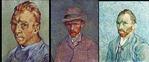 Otopòtrè Soti agoch al adwat: Otopòtrè ak figi lis, 1889, lwil sou twal, 40 × 31 cm, koleksyon prive (F525/JH1665). - Otopòtrè nan chapo santi, 1887, lwil sou bwat katon, 19 × 14 cm, Amsterdam, Mize Van Gogh, Fondasyon Vincent van Gogh (F296) / JH1210). -Otopòtrè, 1889, lwil sou twal, 65 × 54 cm, Pari, Musée d'Orsay (F627/JH1772).