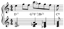 "Backdoor ii-V" in C: IV -VII -I Play (help*info)
. Chord symbols for the conventional ii-V progression are above the staff, with the chord symbols for the substitution in parentheses. Backdoor progression IV in C.png