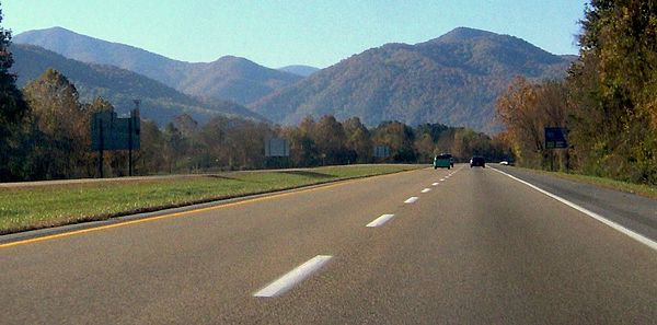 US 23 and I-26 near Erwin, with the Bald Mountains rising in the distance