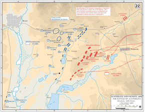 Map showing French troops concentrated to the west of the battlefield and the Allies to the east.