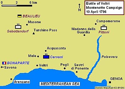 Map shows the Battle of Voltri on 10 April 1796. Pittoni's division began its march at Campomorone and engaged the French near Pegli. Battle of Voltri.JPG