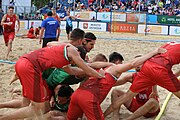 Deutsch: Beachhandball Europameisterschaften 2019 (Beach handball Euro); Tag 6: 7. Juli 2019 – Spiel um Platz Drei, Männer, Ungarn-Russland 2:0 (26:20, 23:22) English: Beach handball Euro; Day 6: 7 July 2019 – Men's Bronze Medal Match – Hungary-Russia 2:0 (26:20, 23:22)