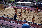 Deutsch: Beachhandball bei den Olympischen Jugendspielen 2018; Tag 3, 10. Oktober 2018; Mädchen, Vorrunde, Gruppe B - Niederlande-Argentinien 2:0 English: Beach handball at the 2018 Summer Youth Olympics at 10 October 2018 – Girls Preliminary Round Group B‎ – Netherlands-Argentina 2:0