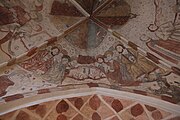 English: Fresco in Bellinge church, Fyn, Denmark. The frescos are signed by Ebbe Olsen and Simon Petersen and are dated 1496. They were covered in white in 1536 and uncovered in 1886. The motives are based on biblia pauperum