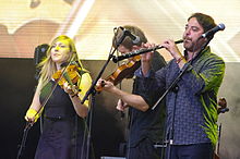 From left to right: Rachael McShane, Sam Sweeney, Paul Sartin. Bellowhead2@Cropredy.jpg