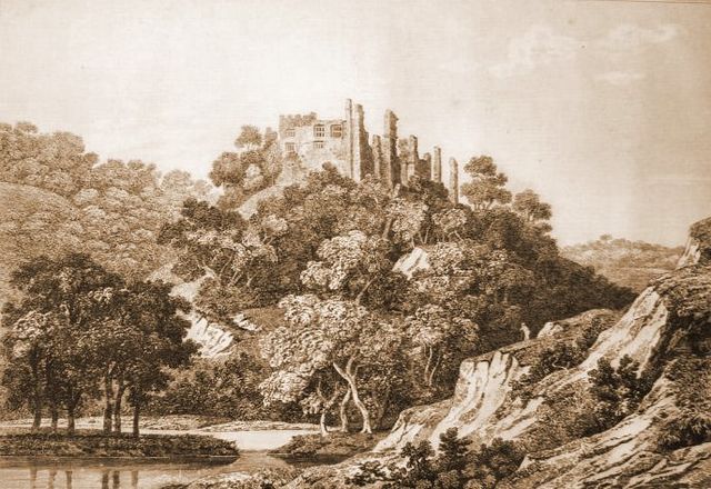 An etching of Berry Pomeroy Castle from 1822