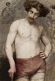 Study of a semi-nude male label QS:Len,"Study of a semi-nude male" label QS:Lpl,"Akt męski w półpostaci" label QS:Lfr,"Étude d'un homme à demi nu" . 1885. oil and gouache on canvas. 95 × 67 cm (37.4 × 26.3 in). Warsaw, National Museum in Warsaw (MNW).