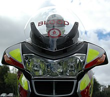 Blood Bike Leinster close-up view showing its logo and motto: 'riding to save lives'. Blood Bike Meath east.jpg