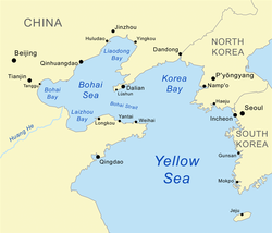 Bohainmeren kartta. Suomennoksia: Yellow Sea = Keltainenmeri, Huang He River = Keltainenjoki, China = Kiina, Beijing = Peking, North Korea = Pohjois-Korea, Pyongyang = Pjongjang, South Korea = Etelä-Korea, Seoul = Soul