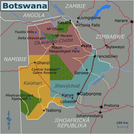 Mapa regionů Botswany