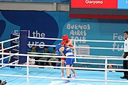 Deutsch: Boxen bei den Olympischen Jugendspielen 2018 Tag 12, 18. Oktober 2018 - Kampf um die Bronzemedaille im Fliegengewicht Mädchen – Heaven Destiny Garcia (USA, blau) schlägt Goryanana Stoeva (Bulgarien, rot) 5-0; Ringrichter ist Ishanguly Meretnyyazov (Turkmenistan). English: Boxing at the 2018 Summer Youth Olympics on 18 October 2018 – Girl's flyweight Bronze Medal Bout - Heaven Destiny Garcia (USA, blue) beats Goryanana Stoeva (Bulgaria, red) 5-0; Referee is Ishanguly Meretnyyazov (Turkmenistan). Español: Boxeo en los Juegos Olímpicos Juveniles de Verano de 2018 en 18 de octubre de 2018 - Combate a medalla de bronce de peso mosca para mujeres: Heaven Destiny Garcia (Estados Unidos, azul) le gana a Goryanana Stoeva (Bulgaria, roja) 5-0; El árbitro es Ishanguly Meretnyyazov (Turkmenistán).