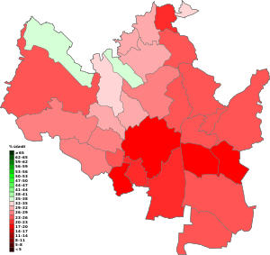 Mapa městských částí s vyznačením výsledků referenda