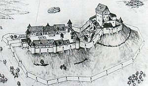 Reconstruction of the entire complex (E. Högg) on ​​an information board in the castle area