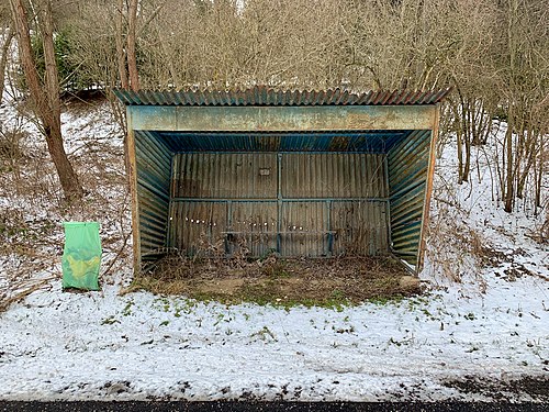 A metal sheltered bus stop at 'Košické Hámre, autocamping', Košická Belá, Region of Košice, Slovakia.