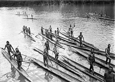 Papuans on the Lorentz River, photographed during the third South New Guinea expedition in 1912–13.