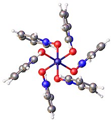 Structure of
.mw-parser-output .template-chem2-su{display:inline-block;font-size:80%;line-height:1;vertical-align:-0.35em}.mw-parser-output .template-chem2-su>span{display:block;text-align:left}.mw-parser-output sub.template-chem2-sub{font-size:80%;vertical-align:-0.35em}.mw-parser-output sup.template-chem2-sup{font-size:80%;vertical-align:0.65em}
[Ni(ONC5H5)6]. CSD CIF PYNONI01.jpg