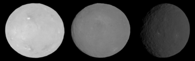 Dwarf planet Ceres, imaged by the Dawn spacecraft at phase angles of 0deg, 7deg and 33deg. The left image at 0deg phase angle shows the brightness surge due to the opposition effect. Ceres opposition effect.png