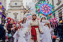 A Christmas parade in Lviv in January 2022, when the old Julian calendar was followed. Christmas Parade of Star-bearers in the centre of Lviv.jpg