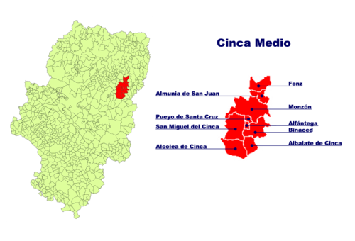 The location of the Comarca Cinca Medio in Aragon and the location of the municipalities